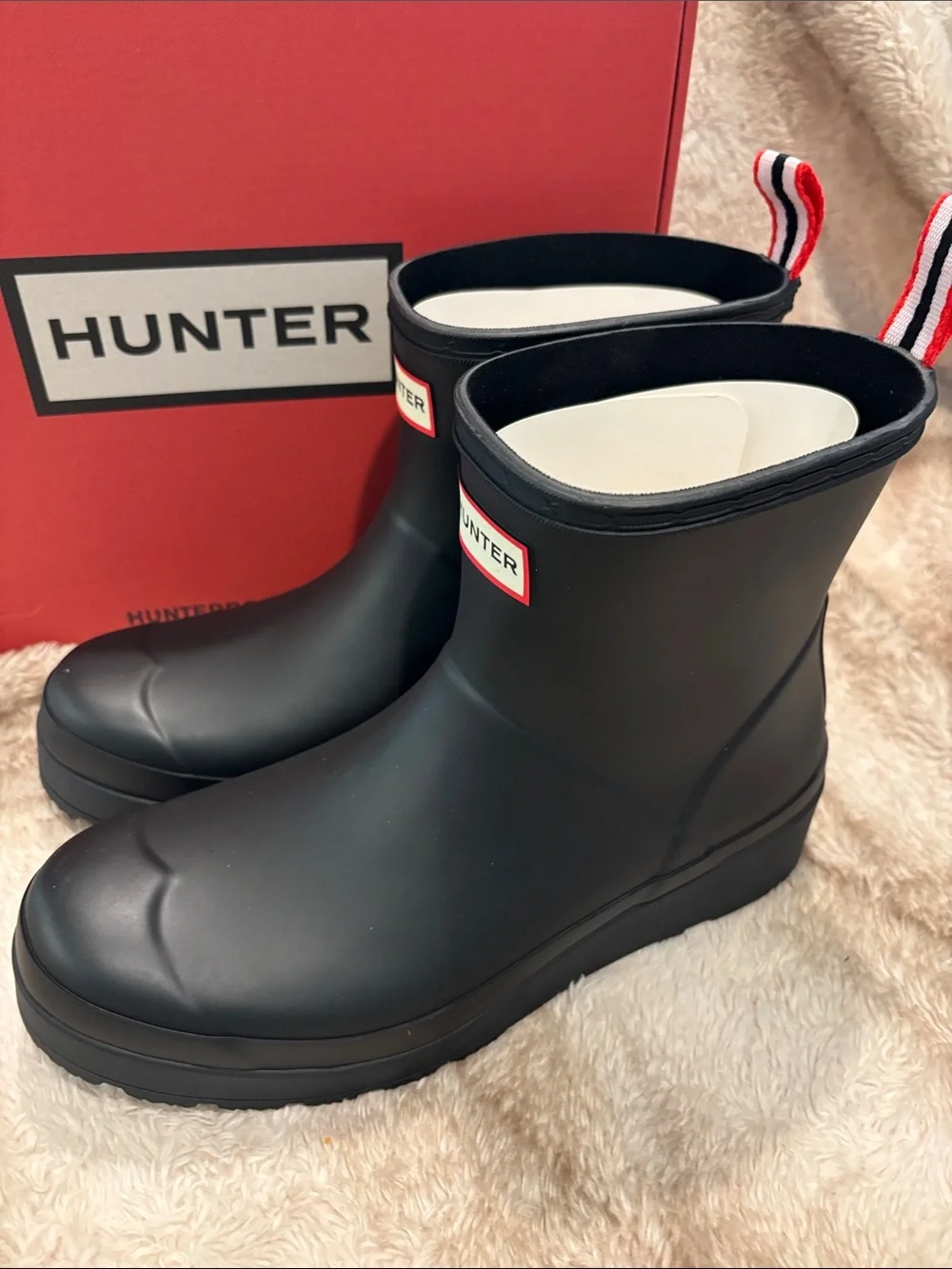 Hunter Black Short Play Matte Rain Boots with Red White Navy Heel Tabs